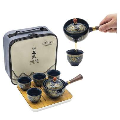1 set Théière chinoise en céramique Kung Fu, set de thé portable, tasse à café et tasse à avoine avec théière et infuseur rotatifs à 360 degrés, sac cadeau multifonctionnel, convient pour mariage, anniversaire, voyage, maison, cadeau, extérieur et bureau (bleu floral)