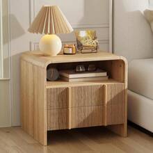 Modern Fluted Bedside Table With Storage Drawers, Open Shelf And Curved Profile Design, Wood Nightstand - Oak - View 12