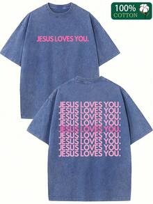 Heavy Washed T-Shirt- Jesus Loves You Religious Pattern T-Shirt, Pink Green And Pink Letters Double-Sided Print- Christian Clothing, Unisex Crew Neck Top, Suitable For Church, Casual Wear, Gift Giving- Machine Washable Soft Crew Neck - 寶藍色 - 查看 1