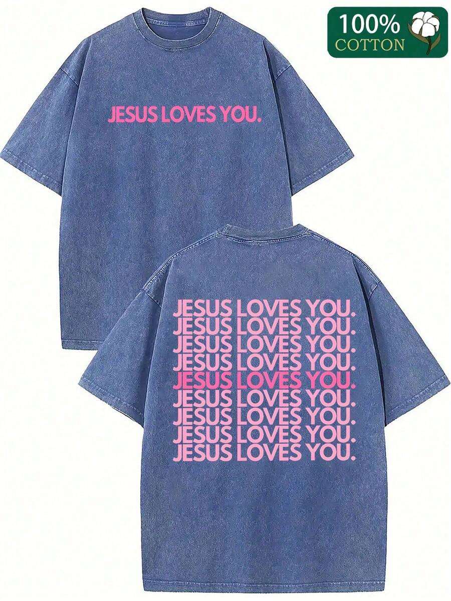 Heavy Washed T-Shirt- Jesus Loves You Religious Pattern T-Shirt, Pink Green And Pink Letters Double-Sided Print- Christian Clothing, Unisex Crew Neck Top, Suitable For Church, Casual Wear, Gift Giving- Machine Washable Soft Crew Neck - 寶藍色 - 查看 1
