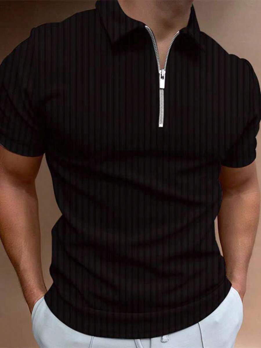 Men's Textured Polo Shirt With Zipper – Short Sleeve, Modern Style - Black - View 1