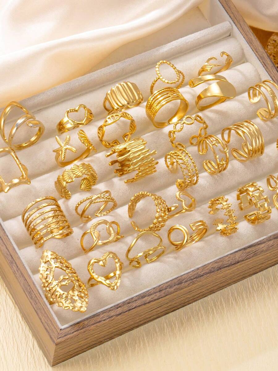 4/6/8/12件套18K镀金不锈钢可调节戒指套装，盲盒包装，款式随机，适合女性日常佩戴或作为礼物 - 金黃色 - 查看 1