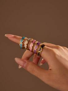 1件套不锈钢时尚可爱心形开口戒指，有蓝色、白色、粉色、紫色、黑色可选，适合女性佩戴。 - 金黃色 - 查看 1