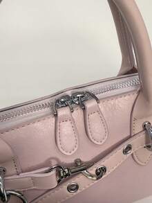 1pc Pink Solid Color Metal Lock Decor Oil Wax PU Leather 2-Way Handbag Zipper Closure Sweet Tote Shoulder Bag For Girls Daily Use - Pink - View 8