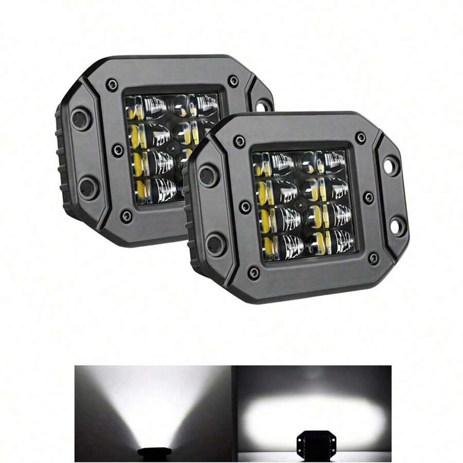 Pair Of 6000k Recessed Square LED Auxiliary Lights For Car And Motorcycle - A - View 1