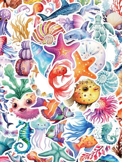 SCXXBSW 50 ملصق حياة بحرية مائية، ملصقات كرتونية جميلة لأغراض DIY مثل لوحات التزلج والزجاجات المائية والأجهزة المحمولة والهواتف المحمولة ولوازم الألبوم والقرطاسية والملصقات الطريفة ل- Kindle