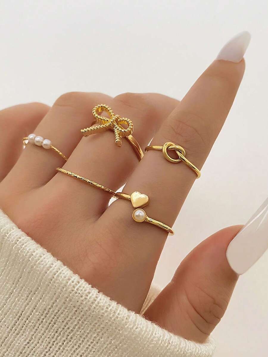 5件套清新甜美设计百搭温柔珍珠蝴蝶结开口戒指和心形戒指 - 彩色 - 查看 1