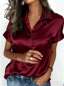 Look Polly 女士春夏优雅奢华缎面翻领半扣卷边袖短袖衬衫酒红色办公室派对装 - 酒紅色 - 查看 1