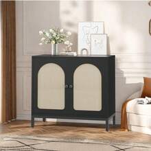 Aparador con puertas de ratán, estantes ajustables, aparador decorativo para entrada, sala de estar, aparador negro con patas de madera maciza. - Negro - Ver 1