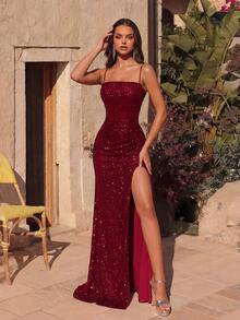 ADYCE Vestido de fiesta con tirantes de espagueti, espalda descubierta y abertura alta con lentejuelas cruzadas, adecuado para fiestas, eventos, invitados de boda, Año Nuevo - Burdeos - Ver 7