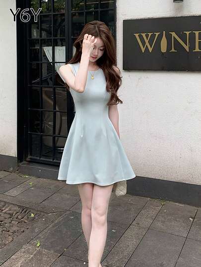  [Y6Y] 薄荷绿无袖休闲连衣裙，女士甜美时尚夏季短裙
