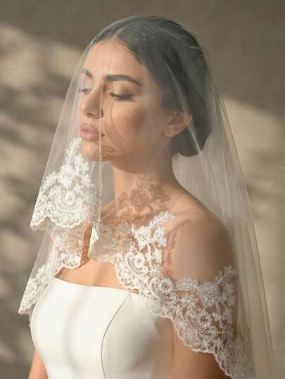 1件蕾丝刺绣边新娘头纱，白色柔软薄纱，华尔兹长度，适合婚礼、婚纱摄影道具、单身派对、女士头饰配饰