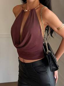 Women's Sleeveless Backless Cropped Knit Top, With Fitted Hem, Slightly Stretchy Fabric - Burgundy - View 9