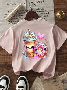 1件婴儿男女童休闲卡通图案字母标语印花基本款圆领短袖T恤 - 粉色 - 查看 2