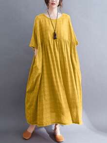 Đầm dự tiệc phong cách Bohemian 2026, chân váy cỡ lớn dành cho nữ, trang phục thanh lịch hàng ngày cho các bà mẹ, chân váy chữ A rộng rãi màu đen cỡ lớn mùa hè. - Màu vàng - Xem 2