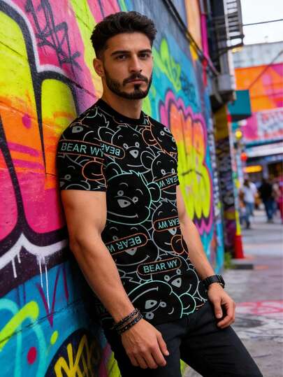 男士休闲趣味卡通熊字母印花短袖T恤，时尚街头风，适合日常通勤和夏季穿着