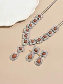2pcs Vintage Chic Alloy Inlaid Women Long Y-Shaped Necklace, Sweater Chain & Earrings Jewelry Set, Suitable For Festivals, Parties, And Daily Matching - Silver + Brown - View 4