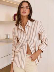 ELVA 条纹纽扣衬衫，适合办公室、教师、休闲外出、音乐会等场合，商务休闲女装春季款 - 卡其色 - 查看 5