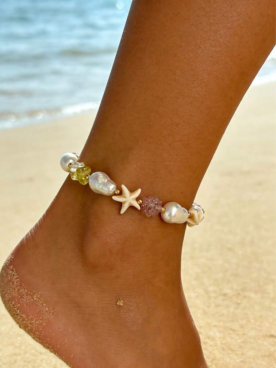 1pc Bohemian Starfish Faux Pearl Irregular Stone Beads Bracelets For Women Beach Party Friendship Jewelry Gifts - Multicolor - View 1