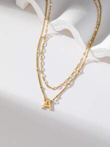 2 Pcs/Set New Stainless Steel Initial Pendant Bead Chain Necklace Set For Women - Gold - View 5