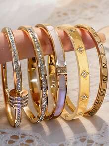 18K Gold Plated Four-Leaf Clover Bracelet, Roman Numeral Design, Cubic Zirconia Stackable Bracelet, Fashion Jewelry For Daily And Party Wear - Gold - View 2
