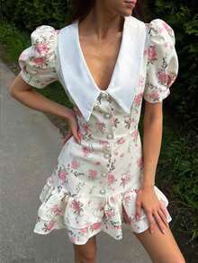 Women's Elegant Fashion V-Neck Ruffled Single-Breasted Puff Sleeve Floral Mini Dress Summer Vacation Pink - Pink - View 4