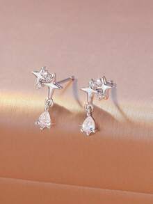 Hihho 1 Pair Gold & Silver Dual Shooting Star Zirconia Stud Earrings + Water Drop Pendant, Create Unique Dreamy Vibe And Elevate Outfit Quality - Meteor - View 9