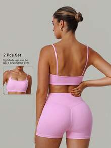 2 PCS CO Ord Set Women's Classic Spaghetti Strap Backless Sports Bra And High Waist Deep V Butt Lift Line Running Fitness Cycling Short Pink - 粉色 - 查看 2