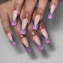 3D French Tip Press On Nails Purple Square Long Nails With 3D Ombre Designs Manicure Pressons Fake Nails False Nails Wedding Classy Gel Full Cover Acrylic Stick On Nail For Women - 紫色3D漸變 - 查看 1