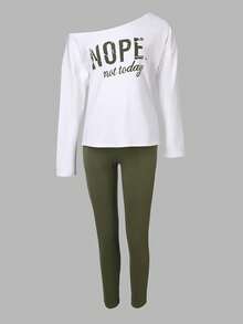ChicMe 2pcs Women's "NOPE Not Today" Slogan Print Asymmetrical Neck Long Sleeve Sweatshirt And Drawstring Waist Skinny Pants Set - Green - View 6