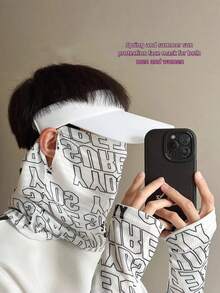 1 pieza Máscara facial de seda de hielo con patrón de letra y cubierta para el cuello + mangas para los brazos, protección UV, malla transpirable, adecuada para actividades al aire libre de primavera/verano, conjunto de máscara facial y mangas para los brazos - Multicolor - Ver 4