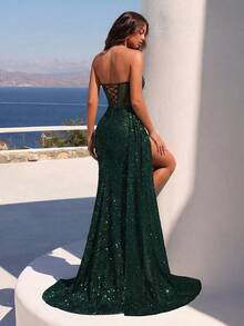 ADYCE Women's Sequin Strapless Mermaid Prom Dress, Ruched High Waist Design, Satin Ribbon Thigh Slit, Backless Tie, Suitable For Cocktail Party, Formal Dinner, Floor-Length Gown, Also Suitable For Wedding Guest, Formal Occasion, Graduation Ceremony, Date Night And New Year, For Valentine's Day Spring - Dark Green - View 2