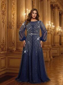 Elegante vestido de noche formal de unicolor con malla de strass, para boda y fiesta de primavera - Azul Marino - Ver 3