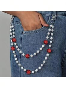 1pc Streetwear Sparkling Starry White & Red Ceramic Waist Chain, Suitable For Women's Casual, Party Wear - Silver - View 2