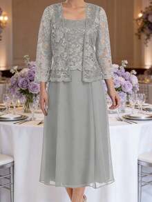 Elegant Two Piece Lace and Chiffon Outfit Featuring a Square Neck Lace Top Paired with a Matching Short Lace Jacket, Designed with Delicate Wave Edge Lace Trim for Added Texture and Dimension, Completed with a Flowing Chiffon Midi A Line Skirt that Creates a Graceful and Balanced Silhouette, Crafted from Sequin Lace and Lightweight Chiffon Fabric with Subtle Shimmer, Ideal as Mother of the Bride Outfit, Evening Wear or Formal Social Occasion Attire, Perfect for Women Seeking a Polished Look that Combines Mature Grace, Soft Femininity and Refined Elegance - Plateado - Ver 1