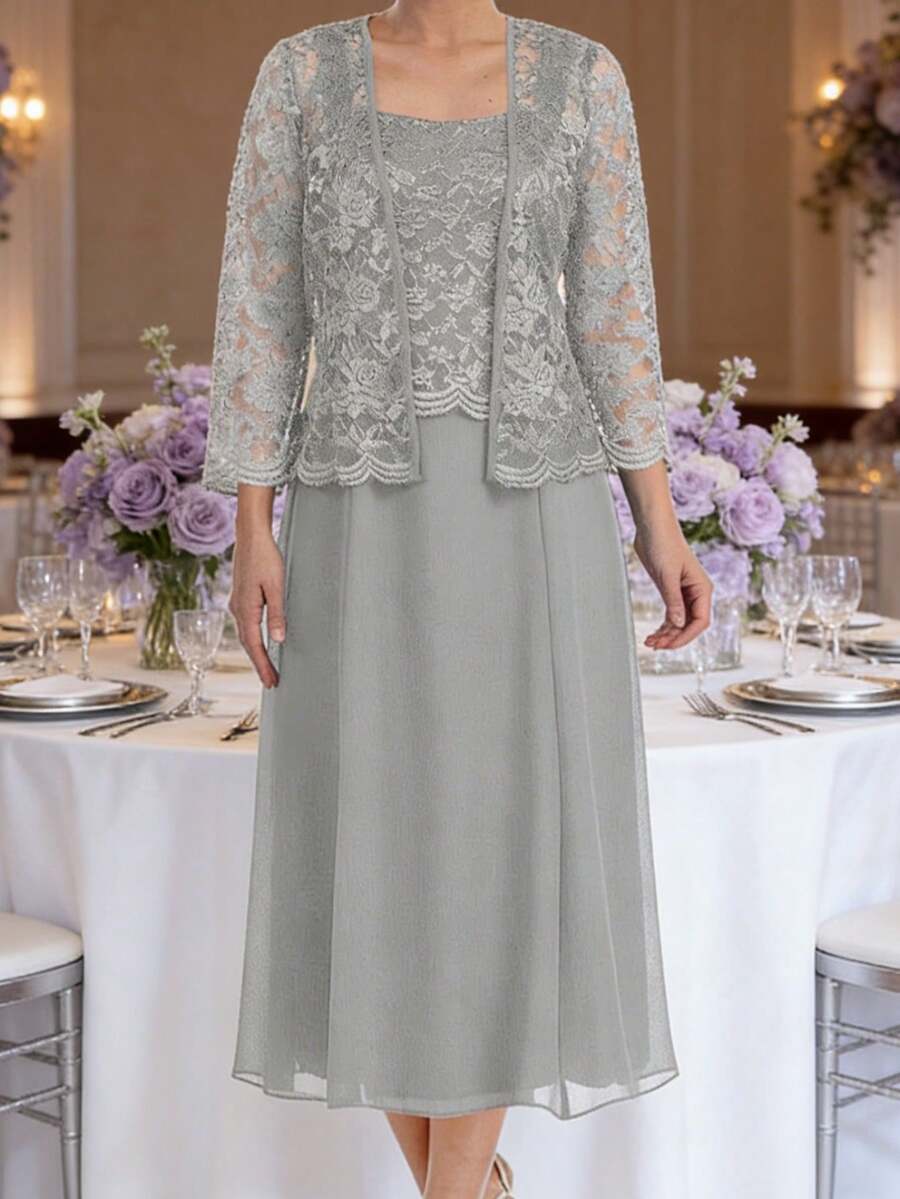 Elegant Two Piece Lace and Chiffon Outfit Featuring a Square Neck Lace Top Paired with a Matching Short Lace Jacket, Designed with Delicate Wave Edge Lace Trim for Added Texture and Dimension, Completed with a Flowing Chiffon Midi A Line Skirt that Creates a Graceful and Balanced Silhouette, Crafted from Sequin Lace and Lightweight Chiffon Fabric with Subtle Shimmer, Ideal as Mother of the Bride Outfit, Evening Wear or Formal Social Occasion Attire, Perfect for Women Seeking a Polished Look that Combines Mature Grace, Soft Femininity and Refined Elegance - Plateado - Ver 1