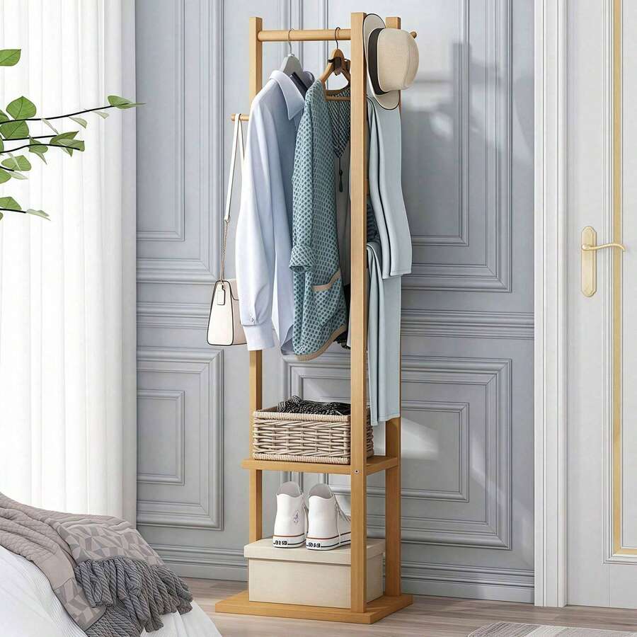 Kleiderständer aus Bambus, Garderobe für den Eingangsbereich, Kleiderständer aus Holz mit Stange, Ablageflächen, Kleiderhaken, für Haus, Schlafzimmer, Wohnzimmer - Maple - Übersicht 1