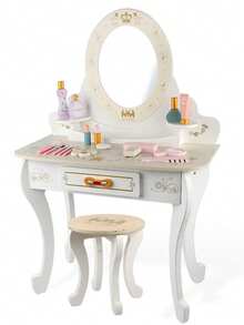TOCADOR INFANTIL CON ESPEJO GIRATORIO 360°|Mesa de Maquillaje y Escritorio 2 en 1 para Niñas|Material Ecológico No Tóxico - Blanco - Ver 4