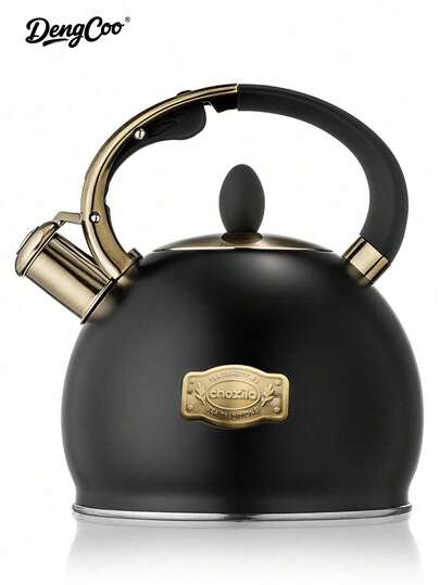 Dengcoo 1pc 3L Stainless Steel Teapot/Coffeepot With Choxila Logo, Dust-Proof Whistle Design, Heat-Resistant, Thick Bottom, Golden Decorative Plate, Suitable For Home, Cafe, Back To School, Saudi National Day