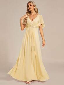 EVERPRETTY Elegant V-Neck Embroidered Ruffle Sleeve Pleated Chiffon Bridesmaid Dress, Formal Dress, Wedding Guest Dress Spring - Yellow - View 5