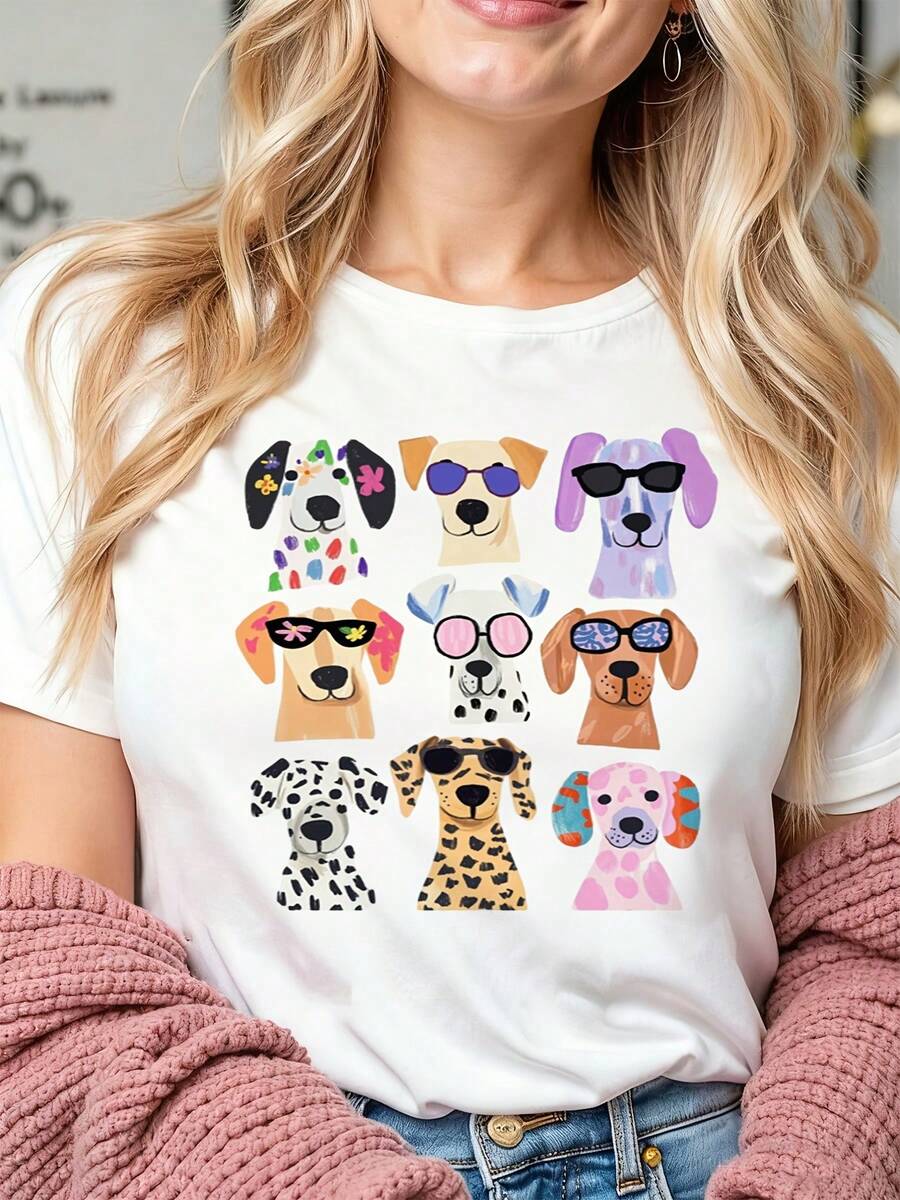 Perros de dibujos animados con gafas de sol, arte digital colorido y divertido, varias razas, expresiones felices, colores vibrantes, fondo blanco. Mismo estilo para hombres y mujeres. Camiseta estampada de manga corta para el verano de 2025, 180G. - Blanco - Ver 1