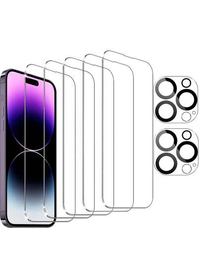 六合一保护套装：5 张高清防刮防震钢化玻璃屏幕保护膜 + 2 张透明全覆盖镜头保护膜，兼容 17/16/16 Plus/16 Pro/16 Pro Max/15/15 Pro/15 Plus/15 Pro Max/14/13/12/11，防摔防爆高清膜