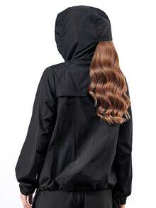 女士夏季轻便可收纳连帽防晒外套，尼龙透气凉爽面料，带拉链口袋，适合户外运动、沙滩等户外活动，黑色，春季款。 - 黑色 - 查看 3