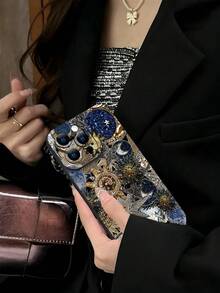 Luxury Bejeweled Celestial Sun Moon Star Mosaic Collage Phone Case – Blue Gold Black Vintage Art DesignPersonalized Mobile Phone Case Compatible With Compatible With Iphone17/17Pro/17Pro Max,16,15,14,13, 12, 11 Plus/Pro Max And Galaxy S21/23/24/25/ULTRA/PLUS/FE,Gift For Easter Day, Christmas Halloween Decoration/Gift For Birthday, Girlfriend, Boyfriend, Friend Or Yourself. - Black - View 3