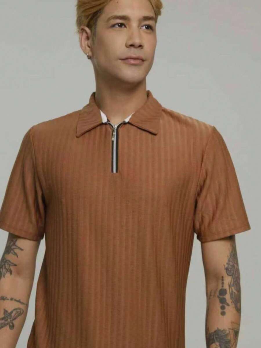Men's Textured Polo Shirt With Zipper – Short Sleeve, Modern Style - Brown - View 1