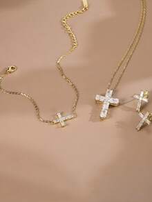 1 Piece 925 Solid Sterling Silver 14k Gold Cross Shaped Moissanite DiamondChain Bracelet Religious Jewelry For Women, Men Anniversary And Casual Wearing - Cross - View 5