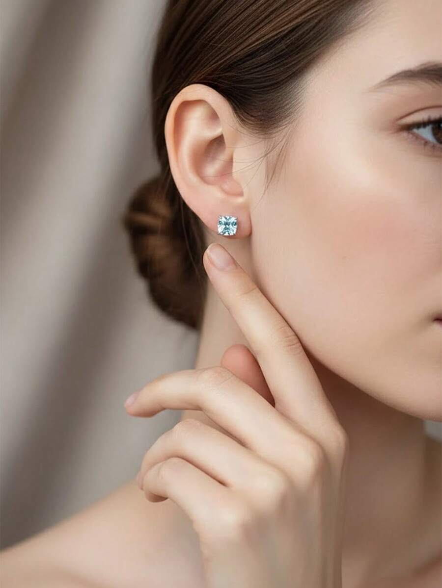 1对韩式立方氧化锆方形耳钉，百搭流行的女士饰品 - 藍色 - 查看 1