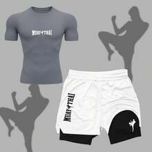 2-In-1 Shorts Set: Men's Compression T-Shirt, Muay Thai, UV Protection, And Shorts For Gym, Fighting, MMA, And Running. - 灰色 - 查看 1
