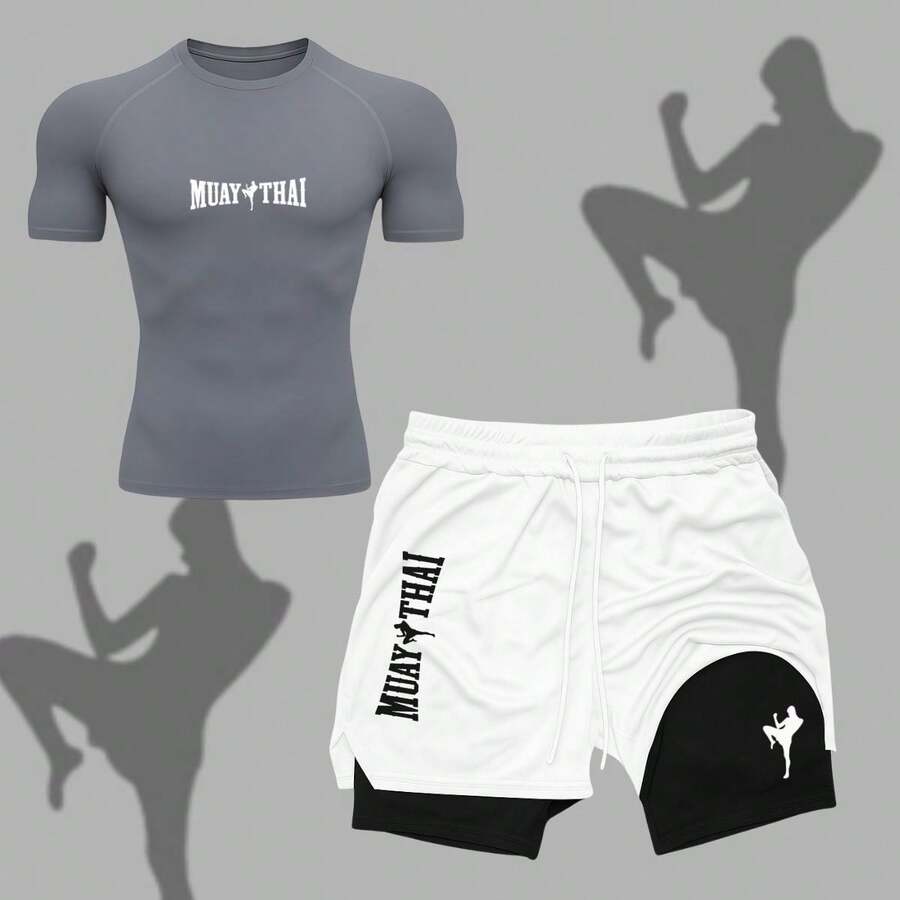 2-In-1 Shorts Set: Men's Compression T-Shirt, Muay Thai, UV Protection, And Shorts For Gym, Fighting, MMA, And Running. - 灰色 - 查看 1