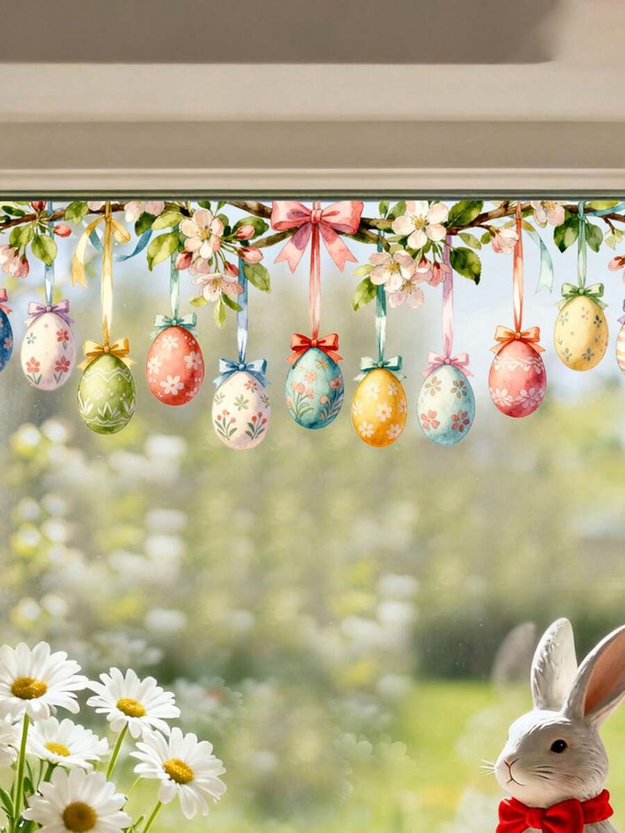 1pc Easter Bunny, Flower, Bow Tie Bunny Egg Static Cling Window Decal, 11.81x35.43 Inches, Modern Style, Disposable PVC Material - 1PC - View 1